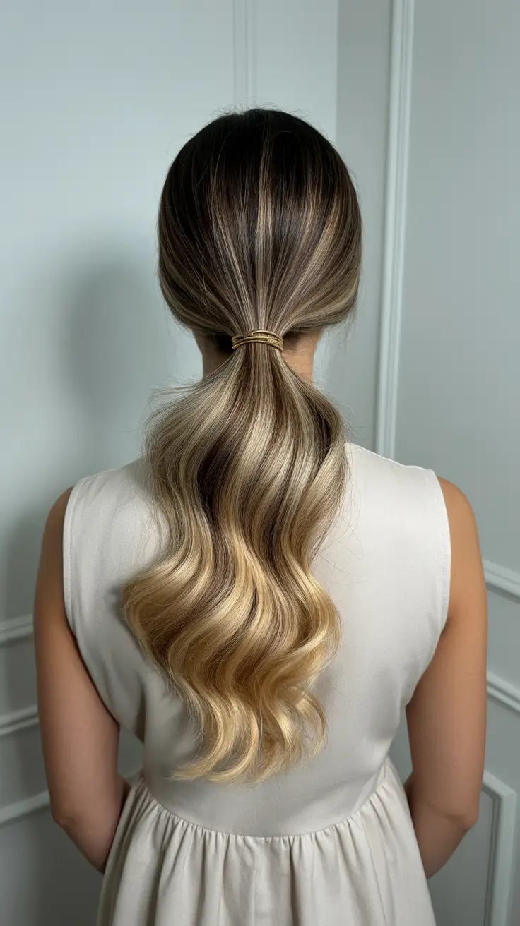 Trendy ponytail hairstyle ideas 2026 Soft Blonde Low Pony With Dimensional Waves