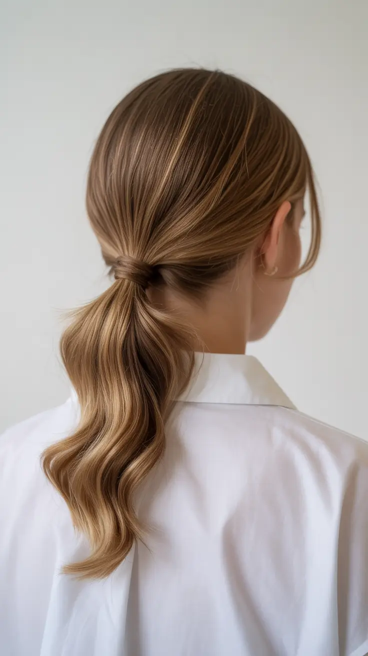 Trendy ponytail hairstyle ideas 2026 Soft Knot Low Pony With Caramel Highlights
