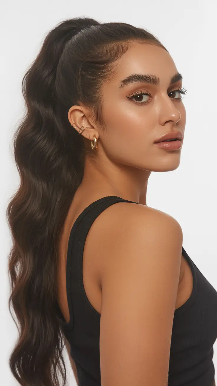 Trendy ponytail hairstyle ideas 2026 High Voluminous Wavy Pony With Soft Edges