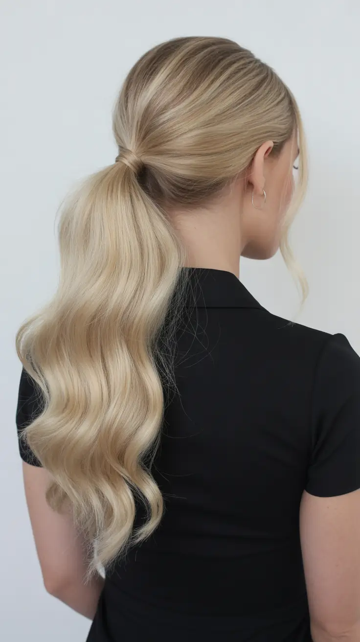 Trendy ponytail hairstyle ideas 2026 Soft Blonde Low Pony With Voluminous Waves