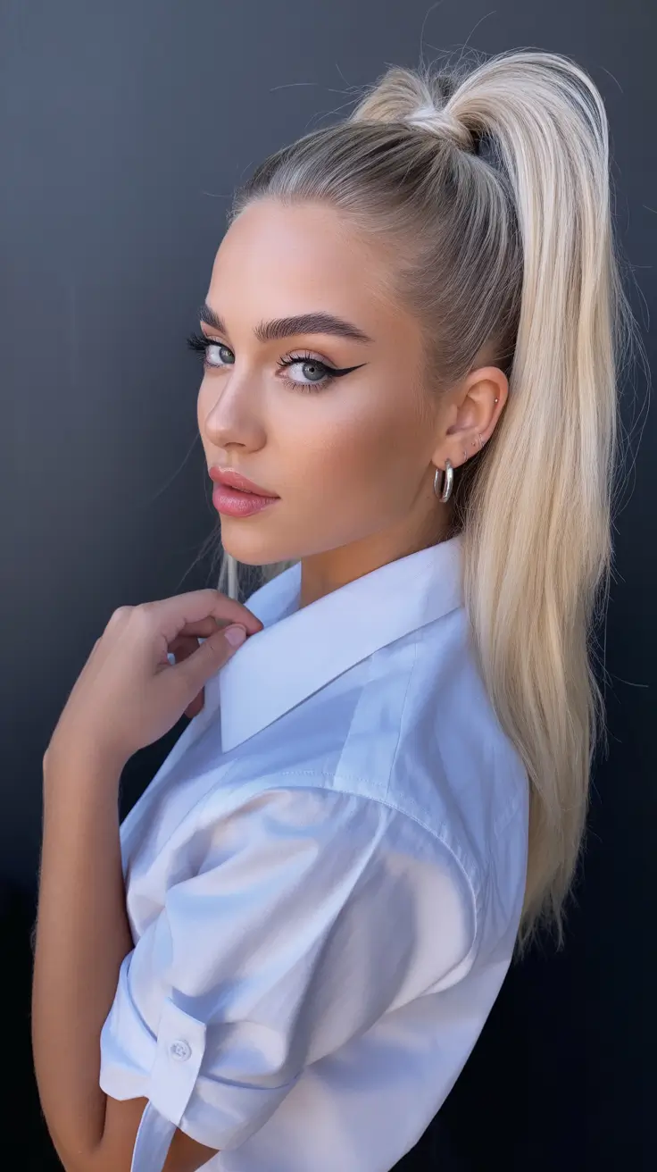 Trendy ponytail hairstyle ideas 2026 Bright Platinum High Pony With Ultra-Sleek Finish