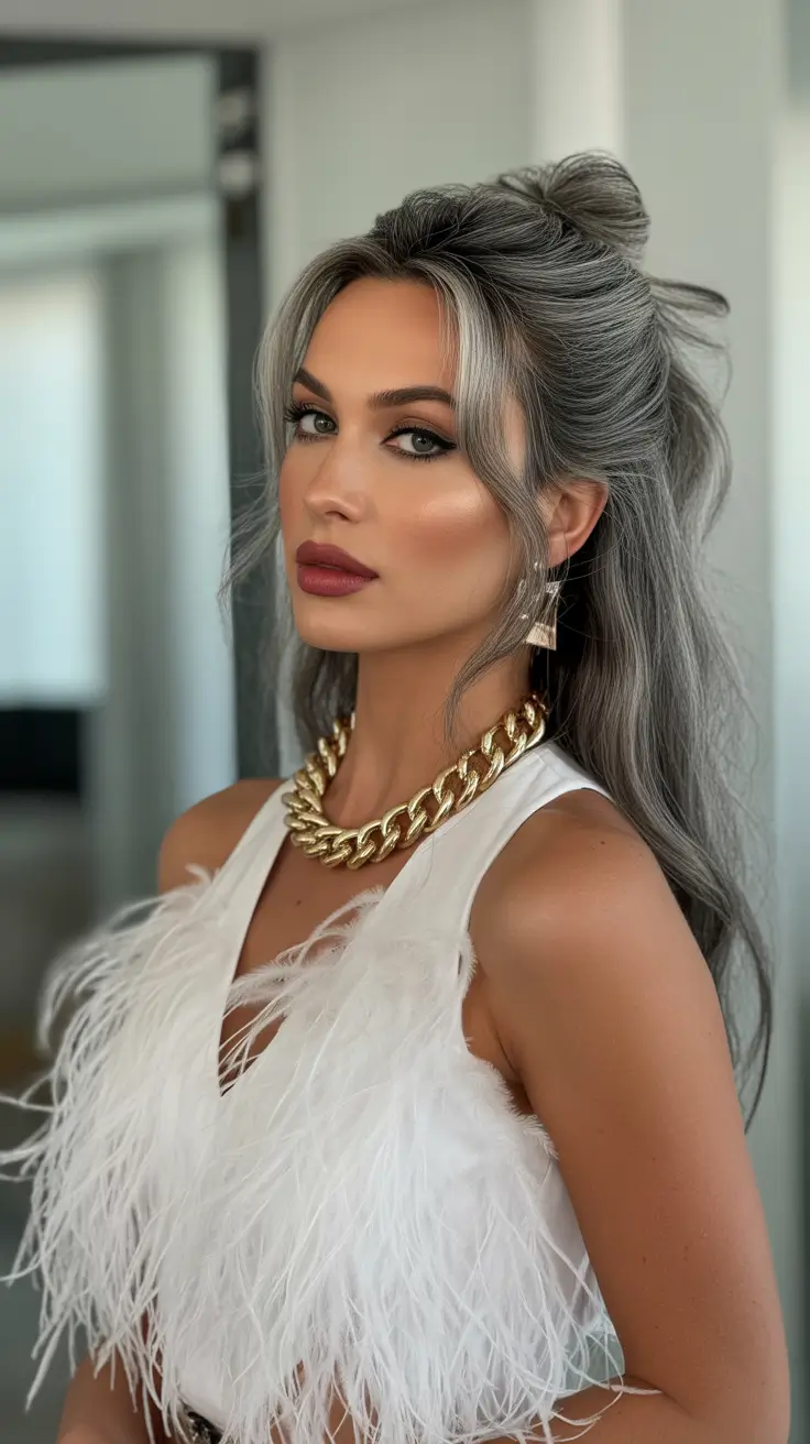 Trendy ponytail hairstyle ideas 2026 Voluminous Half Up Silver Sweep