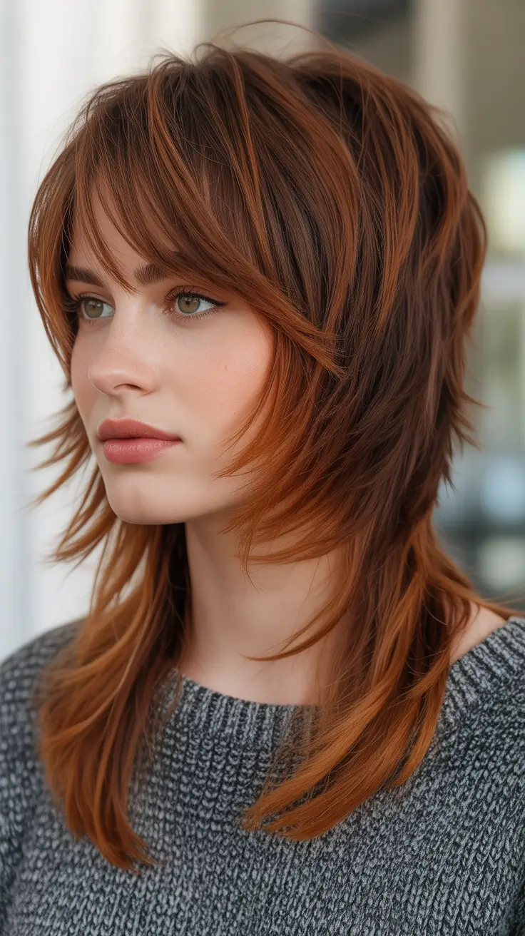 Trendy shag hairstyles 2026 Cinnamon Melt Long Shag With Multi-Directional Layers