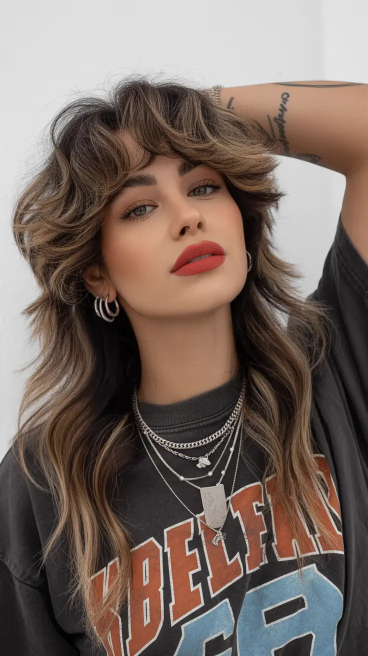 Trendy shag hairstyles 2026 Smoky Brunette Rocker Shag With High Contrast Layers