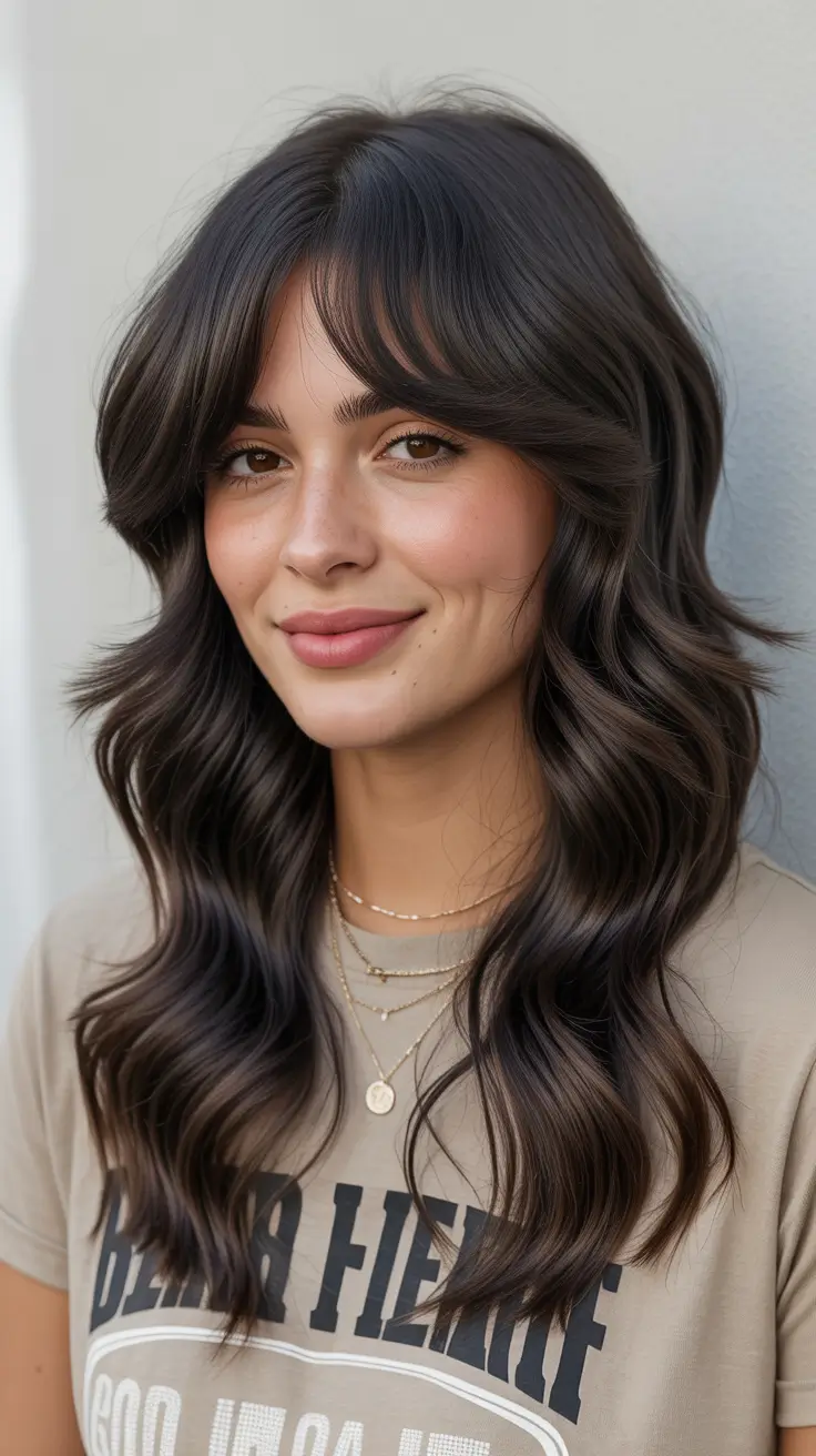 Trendy shag hairstyles 2026 Glossy Dark Chocolate Shag With Soft Curtain Bangs