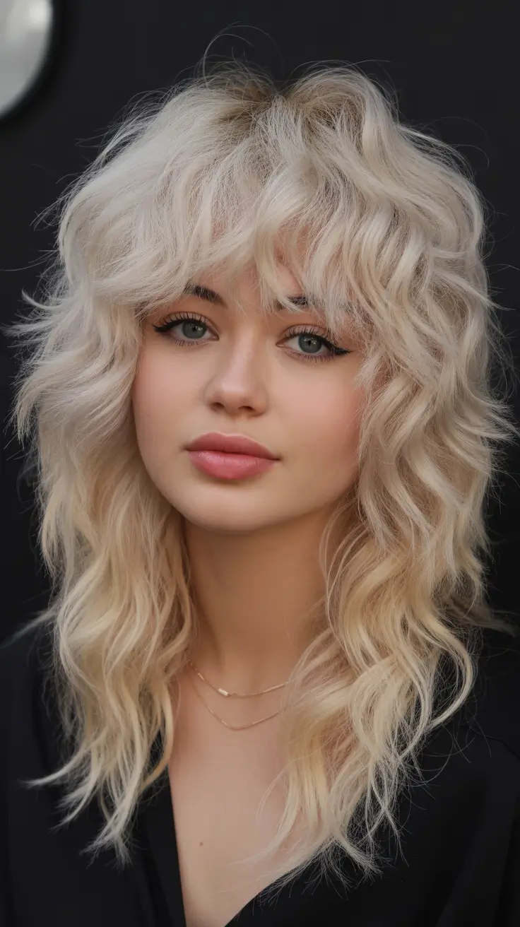 Trendy shag hairstyles 2026 Platinum Curly-Shag Hybrid With Voluminous Texture