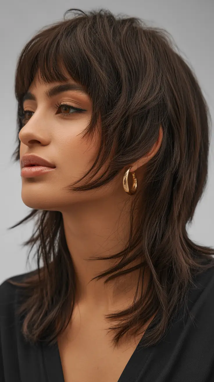 Trendy shag hairstyles 2026 Soft Espresso Shag With Airy Wispy Layers