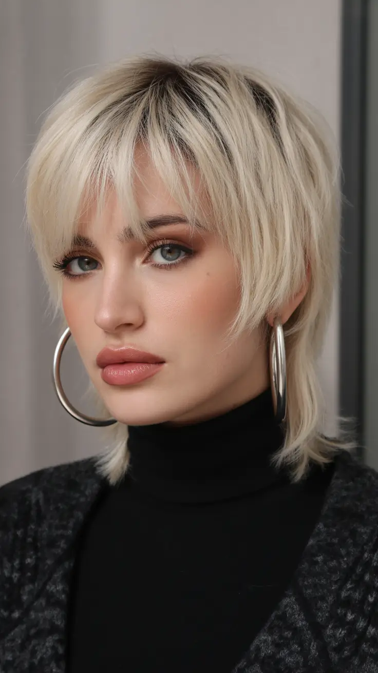 Trendy shag hairstyles 2026 Platinum Edge Shag With Choppy Baby Bangs