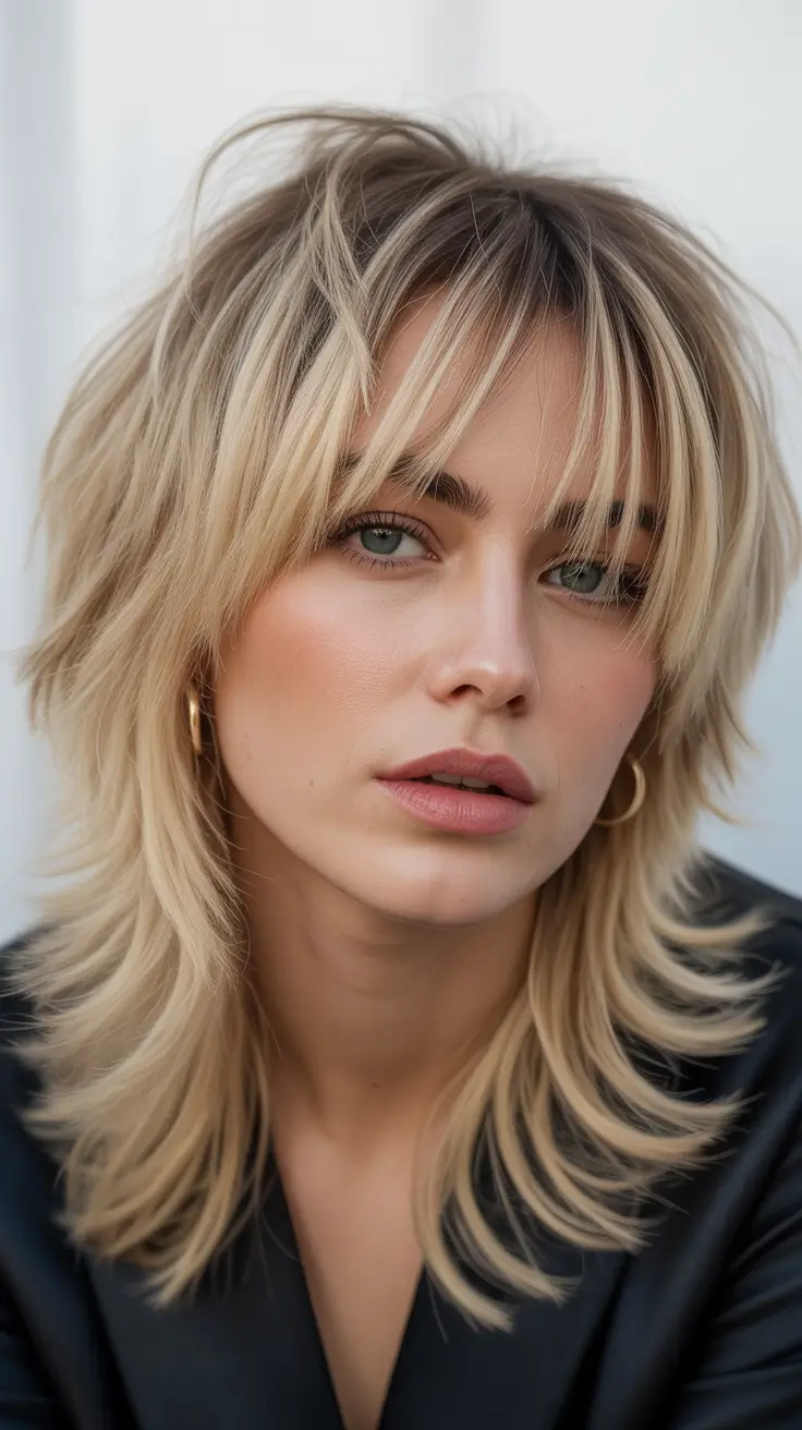 Trendy shag hairstyles 2026 Rooted Blonde Shag With Soft, Disconnected Layers
