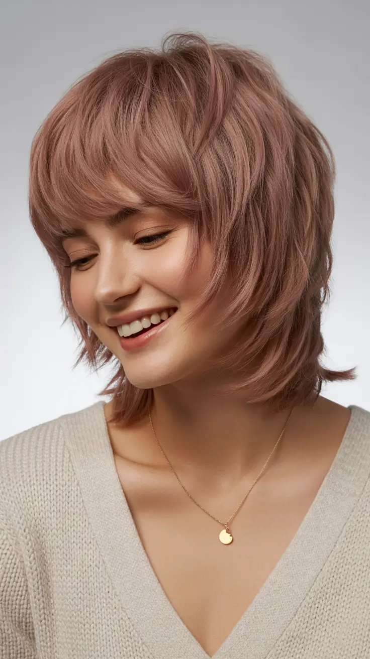 Trendy shag hairstyles 2026 Dusty Rose Shag With Soft Petal Layers