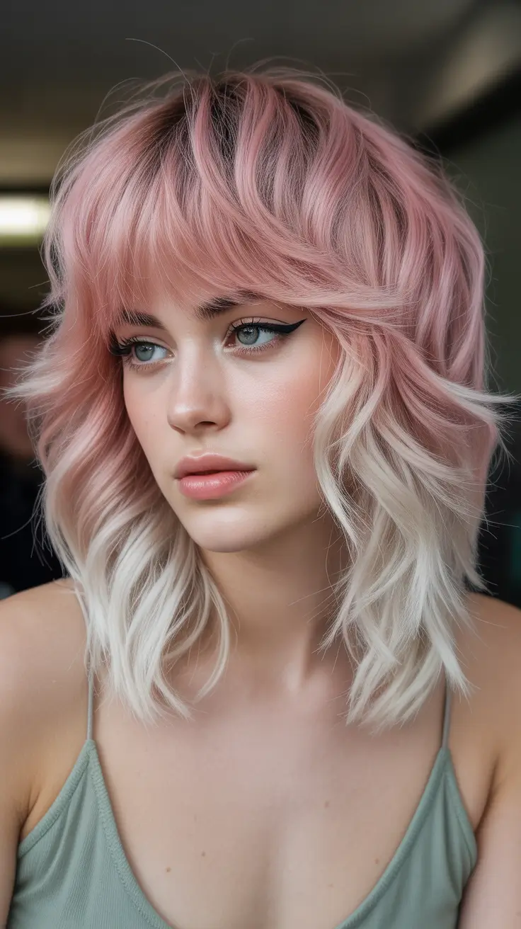 Trendy shag hairstyles 2026 Pink-Frost Ombre Shag With Curved Volume