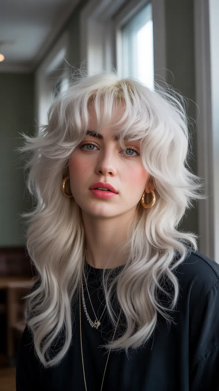 Trendy shag hairstyles 2026 Platinum Wind-Swept Shag With Cascading Layers