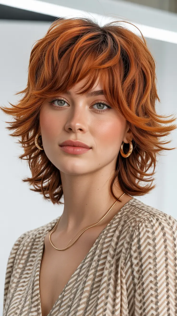 Trendy shag hairstyles 2026 Copper Feathered Shag With Soft Flicked Ends