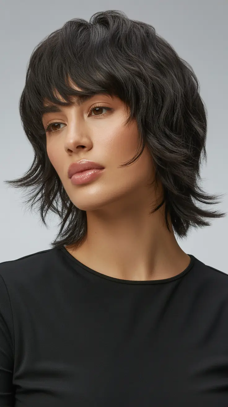 Trendy shag hairstyles 2026 Ink-Black Sculpted Shag With Layered Volume