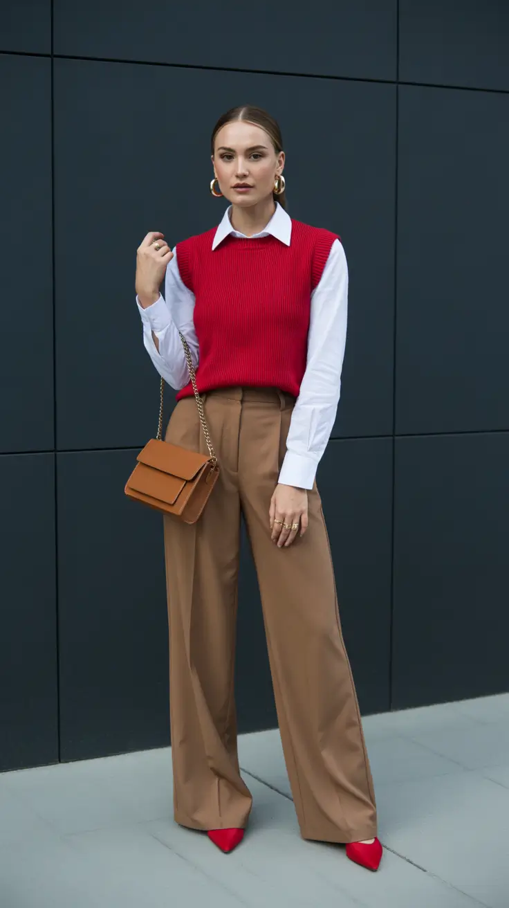 best spring casual work outfits 2026 Smart Preppy Layers in Red & Camel for Bright Spring Days