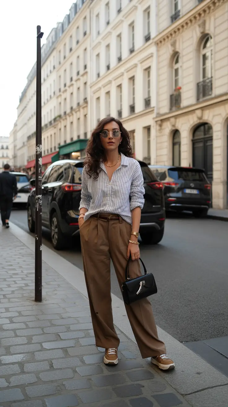 best spring casual work outfits 2026 Striped Button-Up & Relaxed Trousers for Effortless Street-Smart Workwear