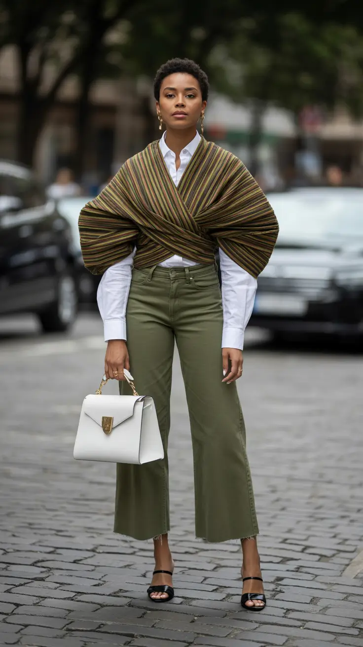 best spring casual work outfits 2026 Statement Wrap & Olive Trousers for Bold Creative Workdays