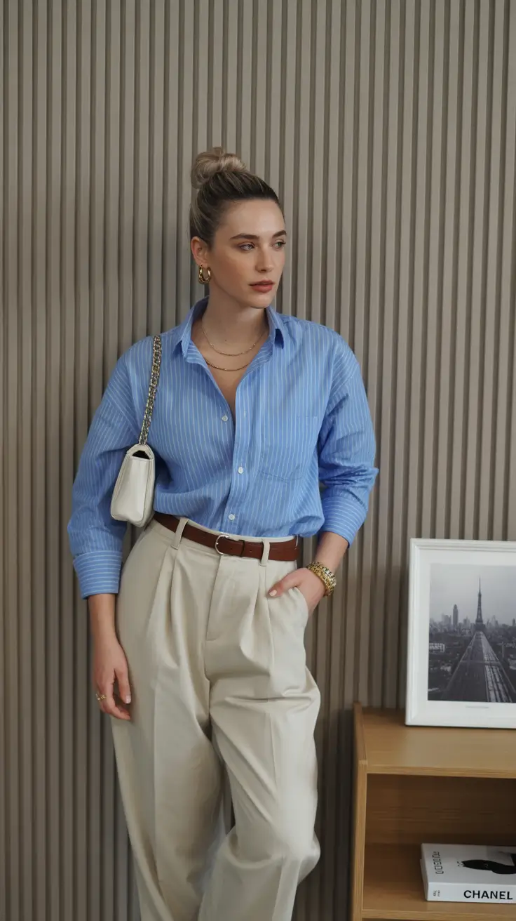 best spring casual work outfits 2026 Blue Pinstripes & Tailored Neutrals for Clean Workdays