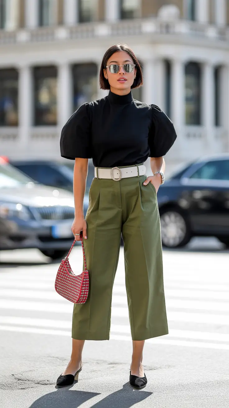 best spring casual work outfits 2026 Structured Black Puff Sleeves & Olive Trousers for Chic Spring Workdays