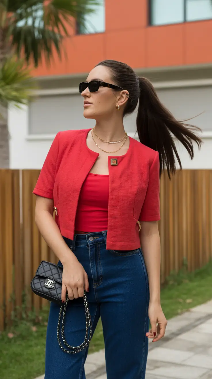 best spring casual work outfits 2026 Casual Red Textures with Denim for Creative Workdays