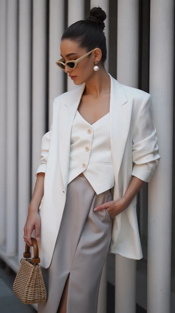 best spring casual work outfits 2026 Cream Tailoring & Satin Textures for Elegant Spring Workdays