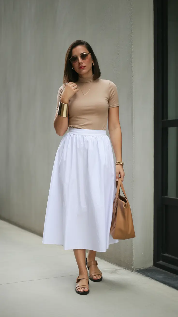 best spring casual work outfits 2026 Tonal Neutrals & Full Skirts for Breezy Spring Comfort