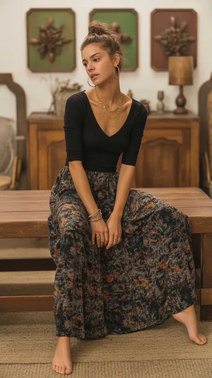 bohemian spring skirt outfits 2026 Artful Indoor Boho With Soft Evening Colors