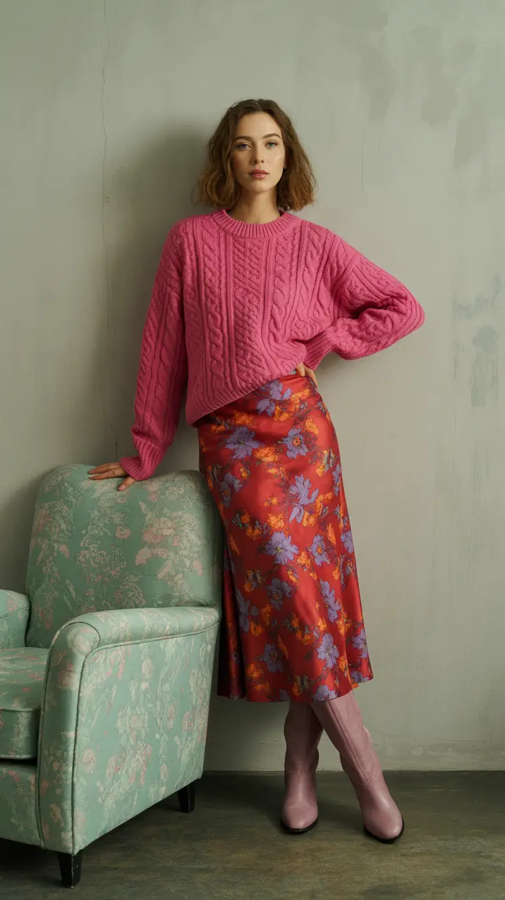 bohemian spring skirt outfits 2026 Bold Florals and Cozy Knits for Cold-Weather Spring Days