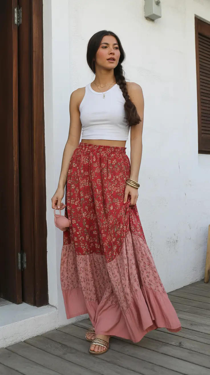 bohemian spring skirt outfits 2026 Warm Blossom Color Blocking With Breezy Movement