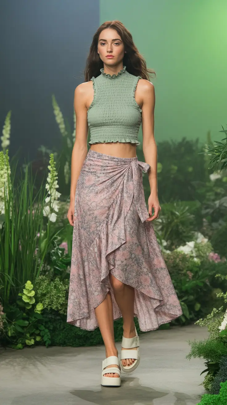 bohemian spring skirt outfits 2026 Runway Green and Lavender Soft Wrap Fantasy