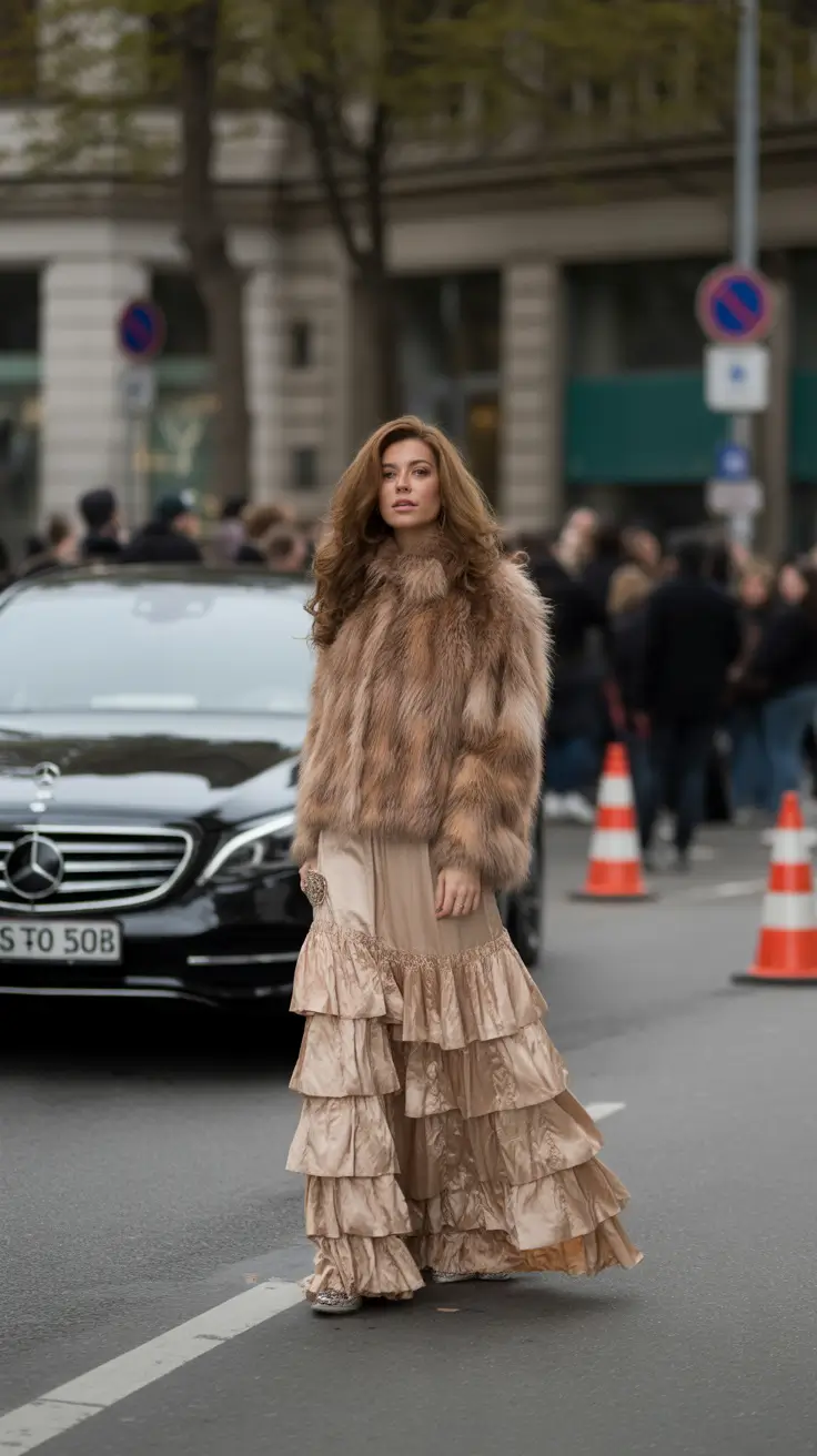 bohemian spring skirt outfits 2026 Lux Boho Drama With Layered Ruffles for Cold Spring Days