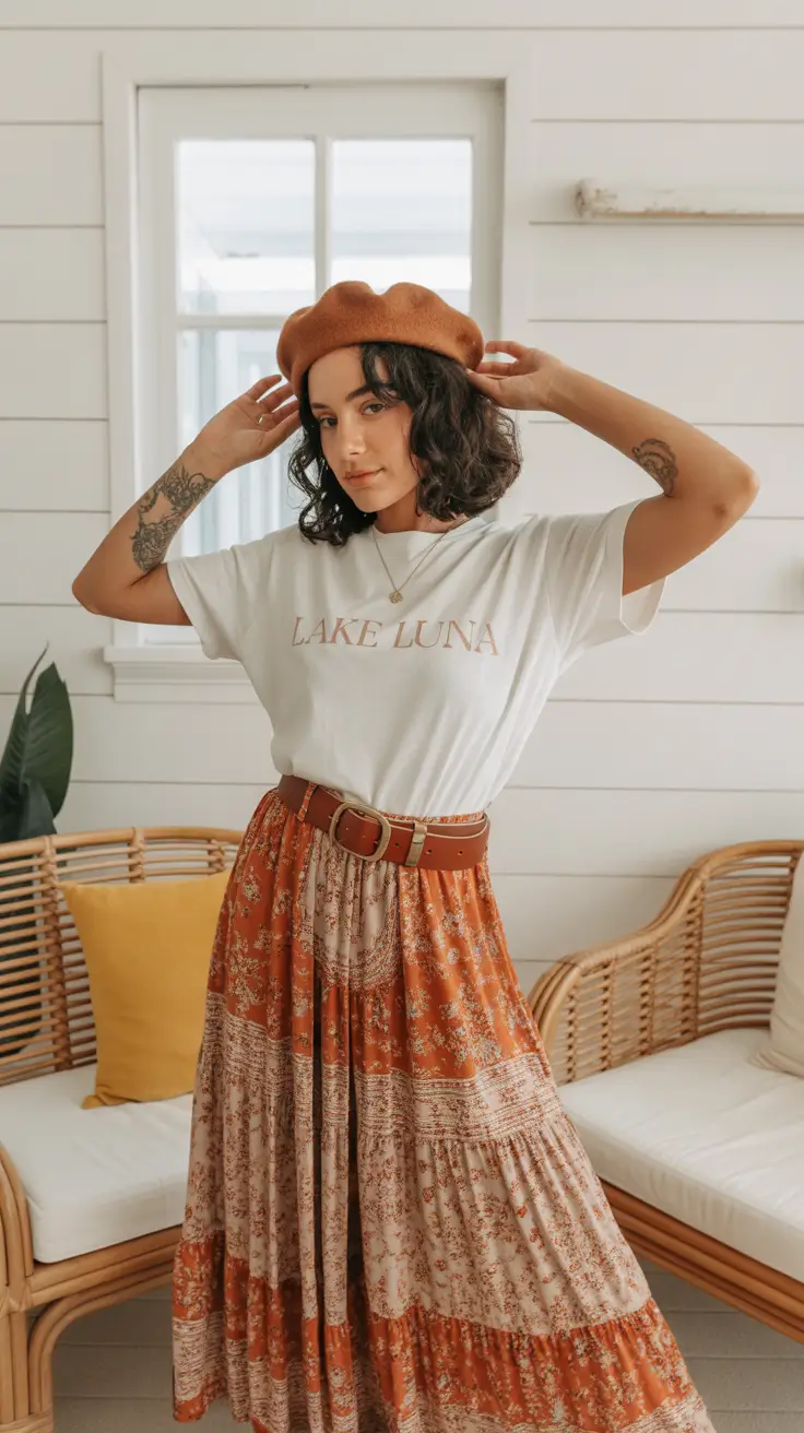 bohemian spring skirt outfits 2026 Warm Rustic Boho With Preppy Undertones
