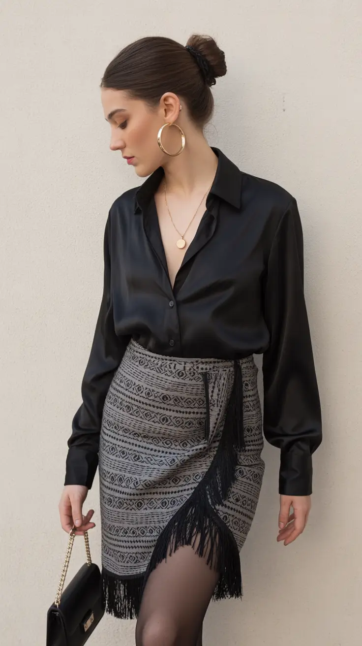 bohemian spring skirt outfits 2026 Classic Black Satin With Boho Fringe Contrast