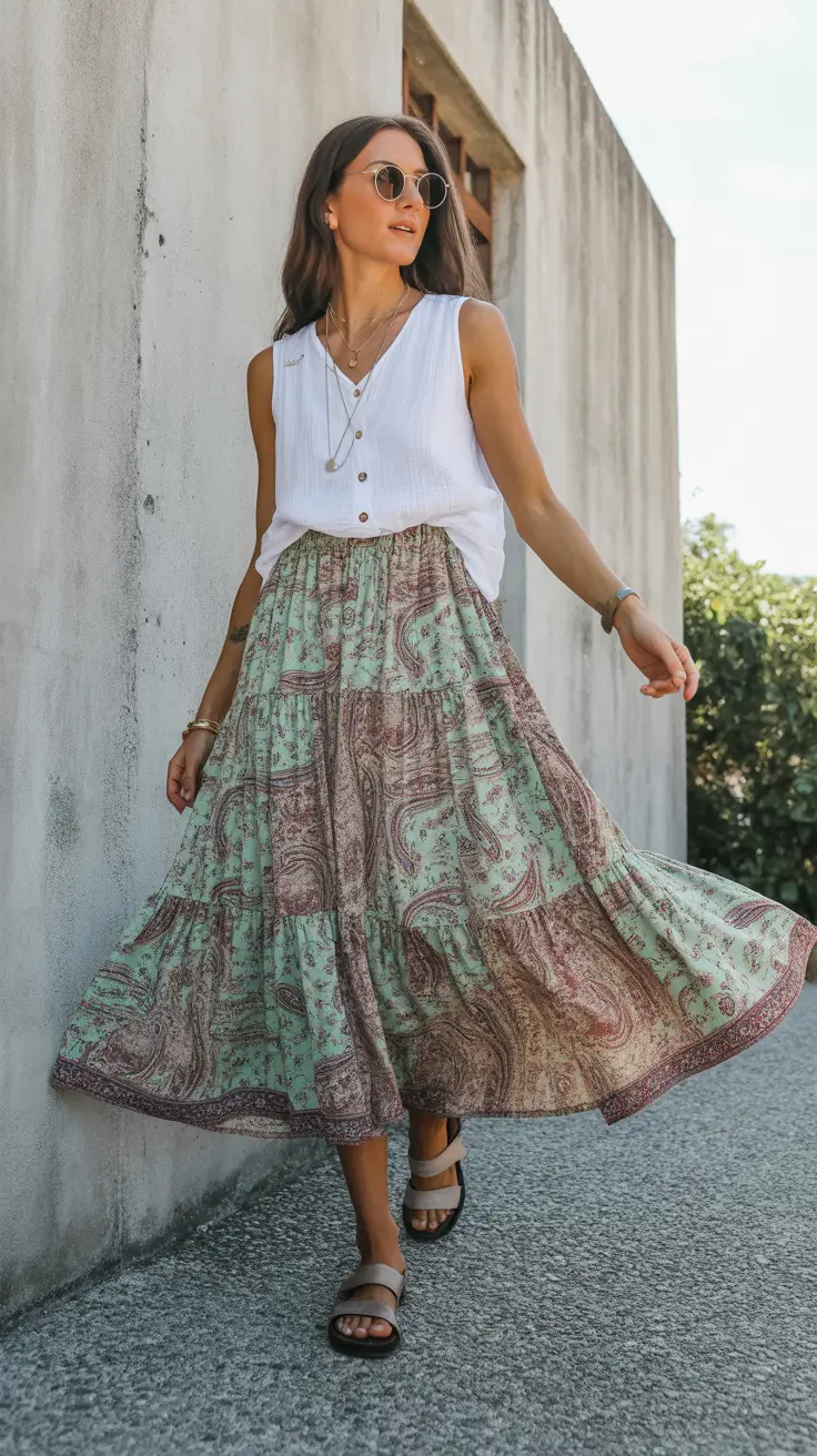 bohemian spring skirt outfits 2026 Breezy Mint Paisley for Effortless Early Spring Days