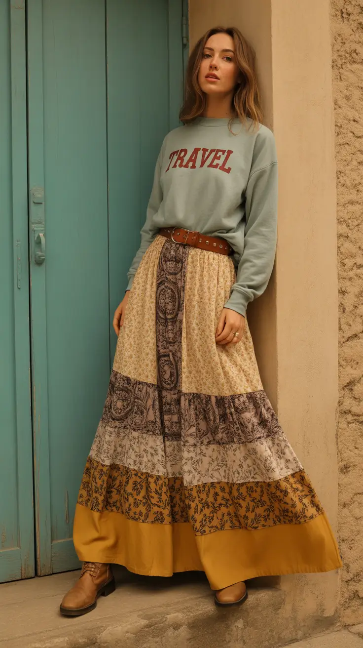 bohemian spring skirt outfits 2026 Wanderlust Textures With a Cozy Preppy Twist
