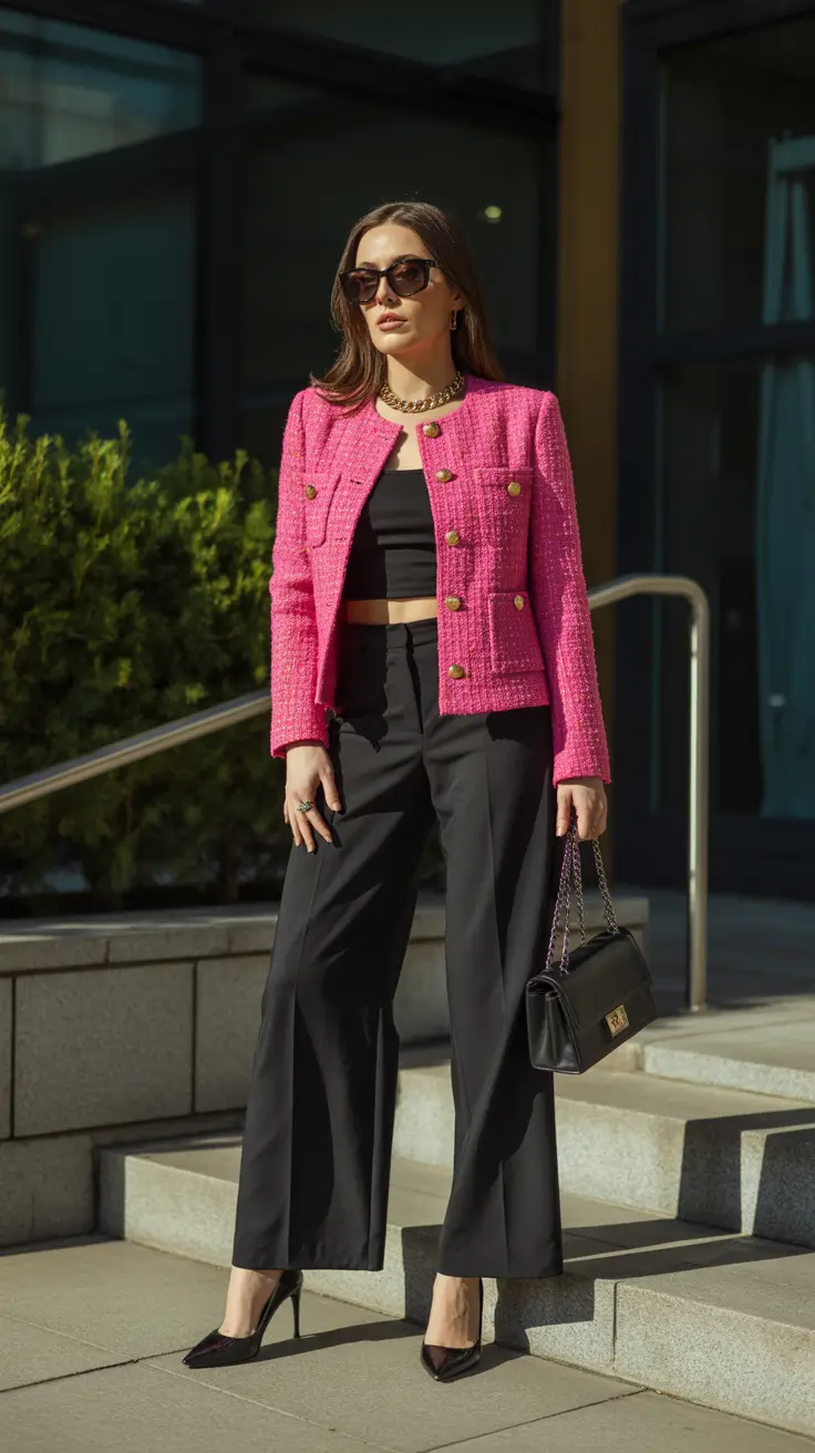 spring birthday outfits - Hot-Pink Tweed With Modern City Confidence