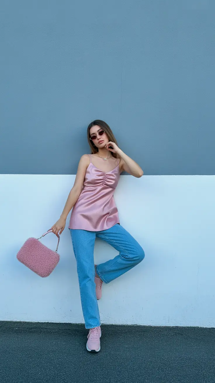 spring birthday outfits - Silky Pink Ease With Denim