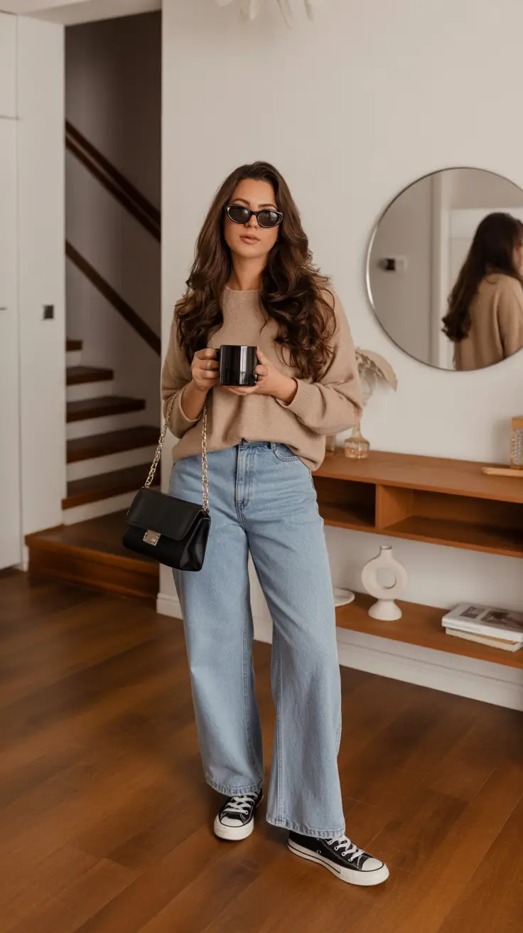 comfortable spring outfits for women over 40 2026 Relaxed Weekend Denim with Easy Knit Comfort