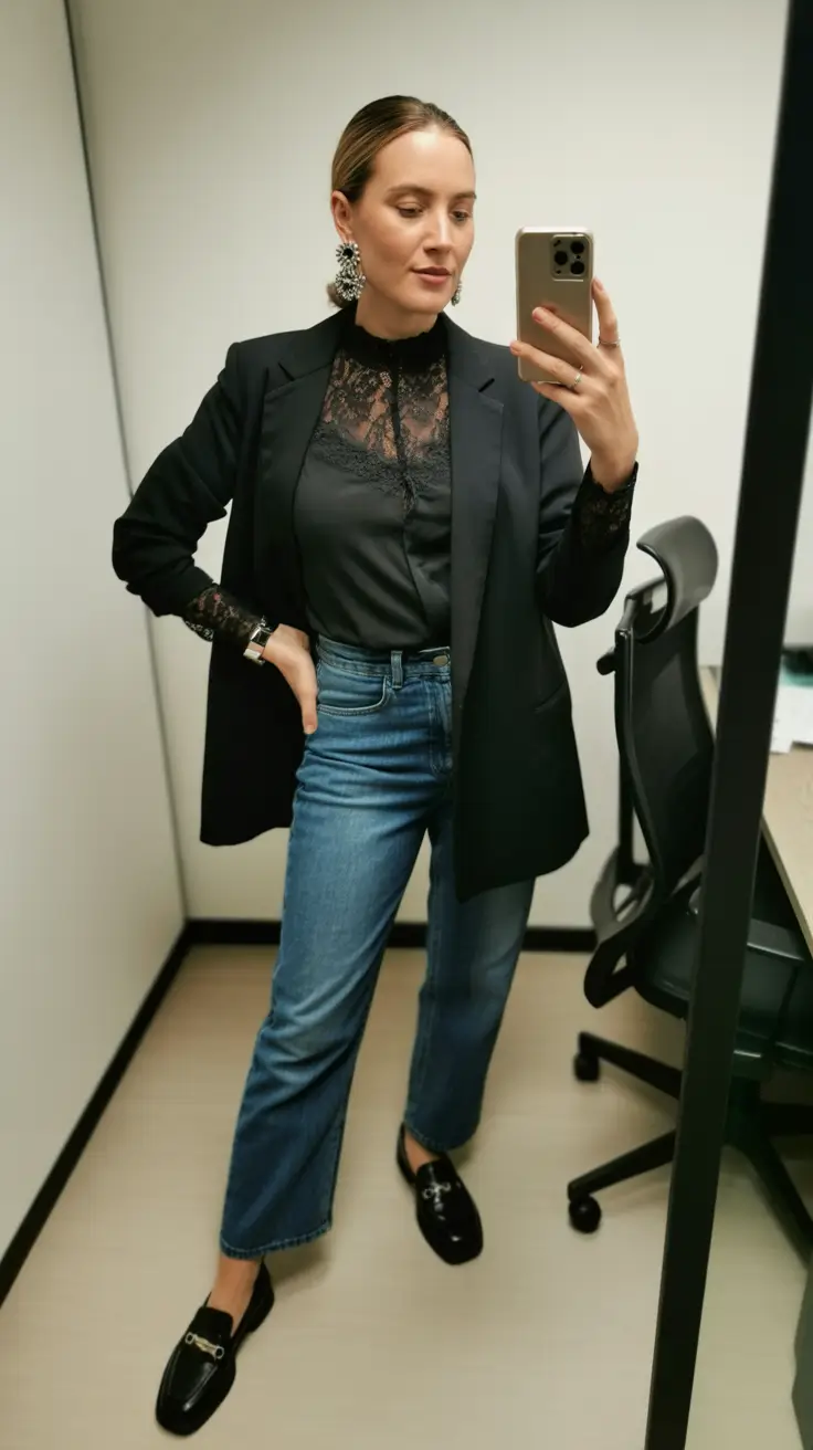 comfortable spring outfits for women over 40 2026 Evening-Ready Denim with Elegant Black Lace