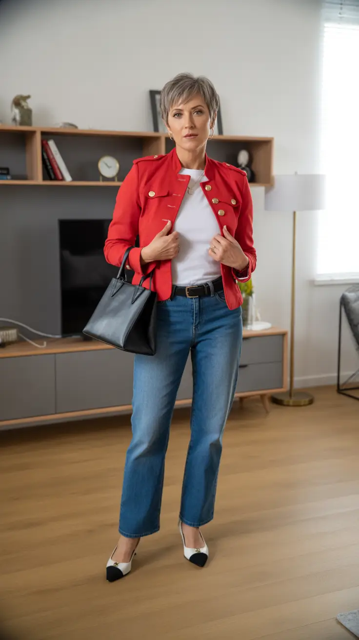 comfortable spring outfits for women over 40 2026 Bright Military Chic with Clean Denim