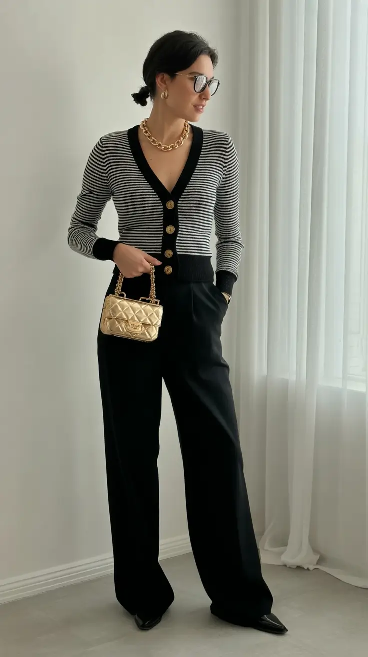cozy midsize spring outfits 2026 Striped Knit Elegance With Black Tailoring