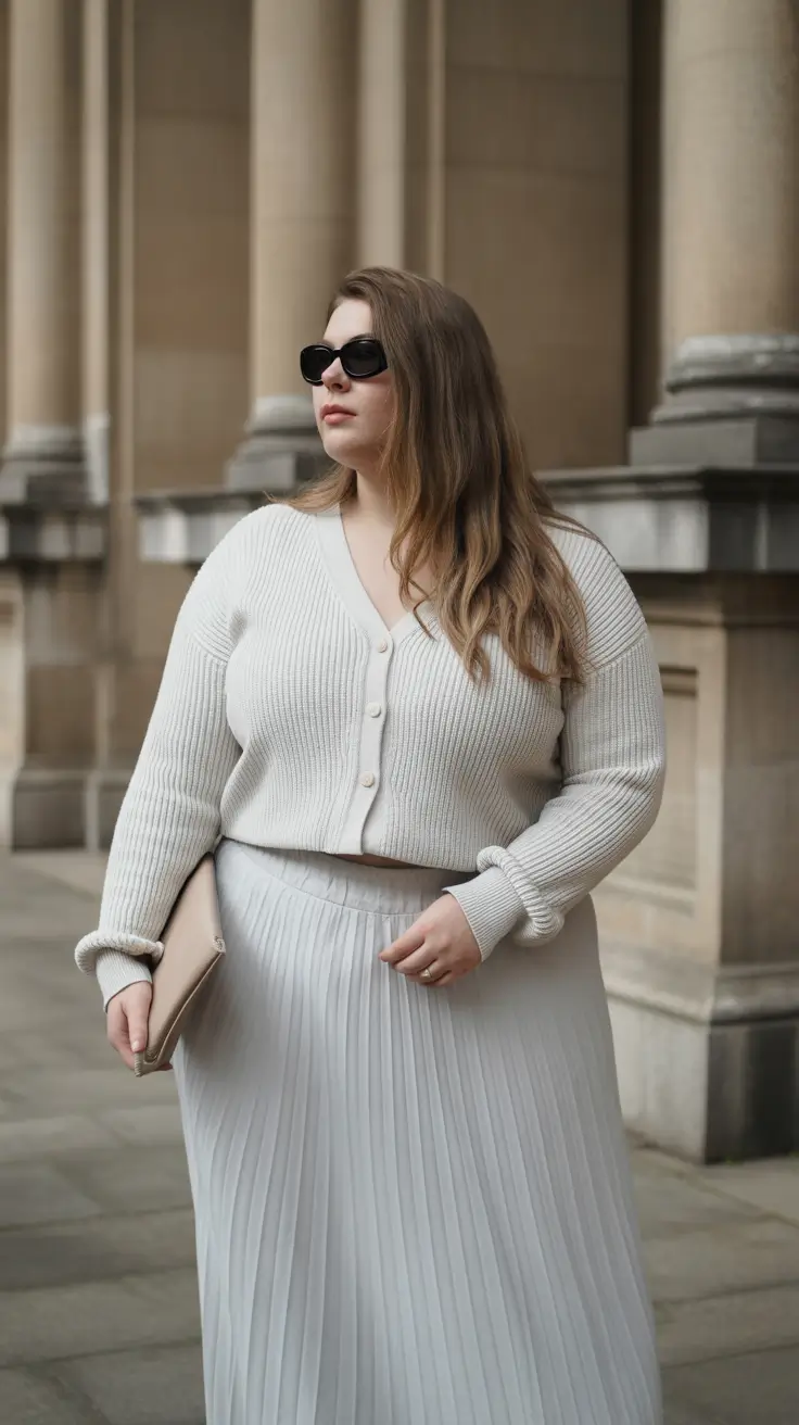 cozy midsize spring outfits 2026 Monochrome Calm in Soft Knit and Pleats