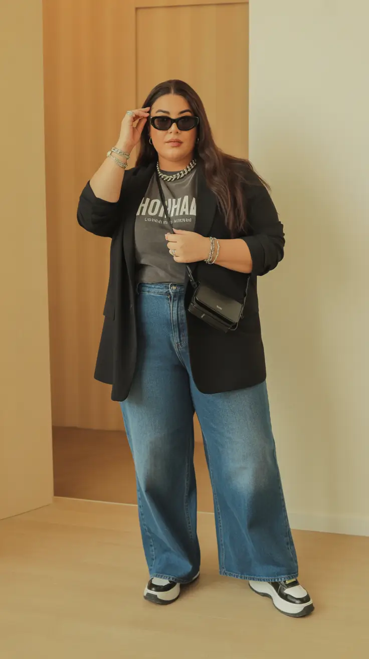 cozy midsize spring outfits 2026 Graphic Tee Power With Tailored Black Layers