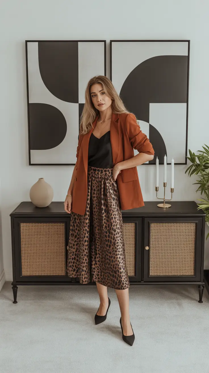 cozy midsize spring outfits 2026 Warm Tones and Animal Prints With Refined Ease