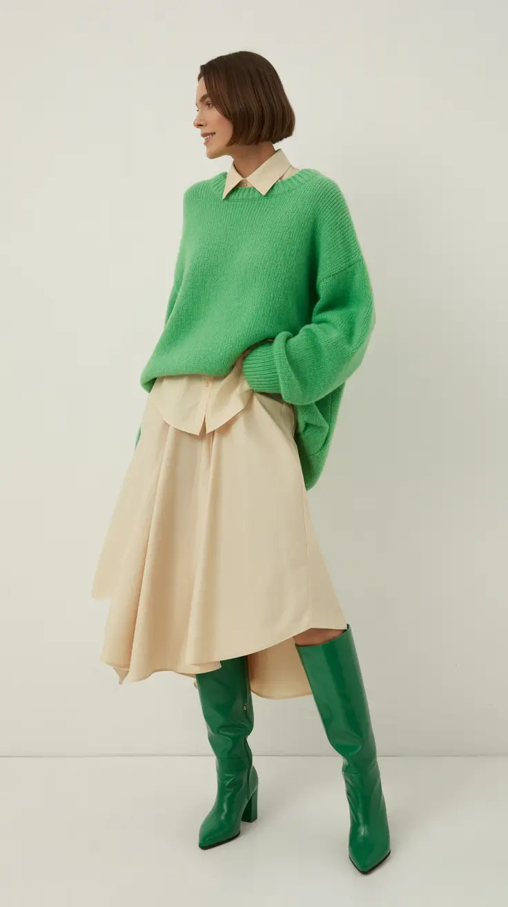 cozy midsize spring outfits 2026 Soft Green Comfort With Playful Proportions