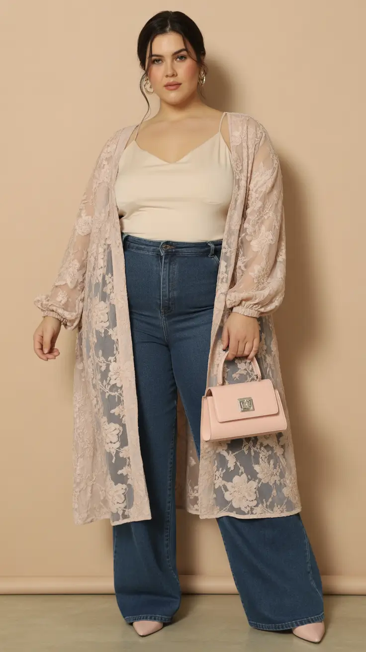cozy midsize spring outfits 2026 Lace Layers With Denim Grounding
