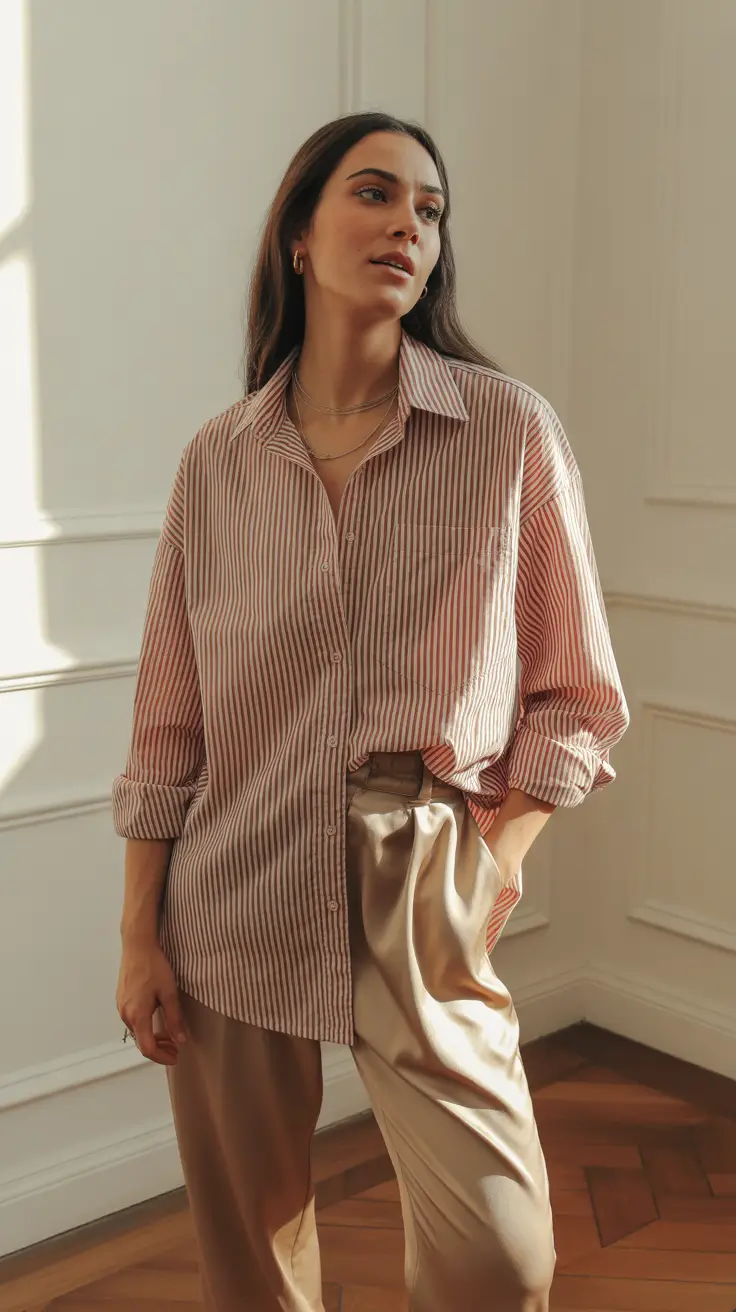 cozy midsize spring outfits 2026 Soft Stripes & Fluid Trousers for Everyday Ease