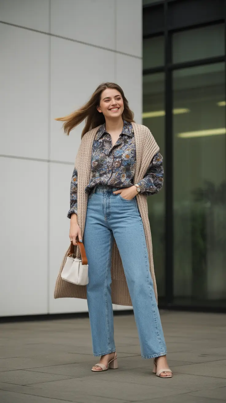 cozy midsize spring outfits 2026 Floral Softness With Classic Denim Ease