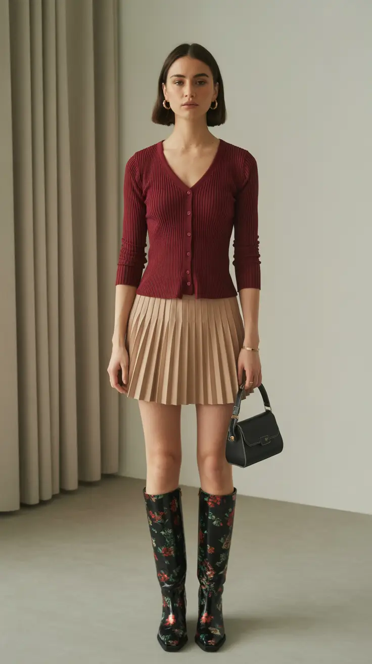 cozy spring wardrobe additions 2026 Pleated Minis and Deep Berry Knit for a Fresh Spring Contrast