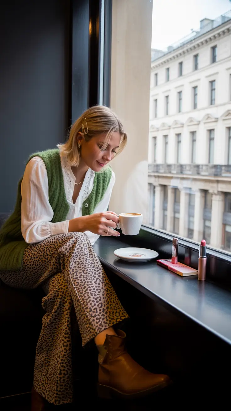 cozy spring wardrobe additions 2026 Textured Layers and Leopard Print for Warm Café Mornings